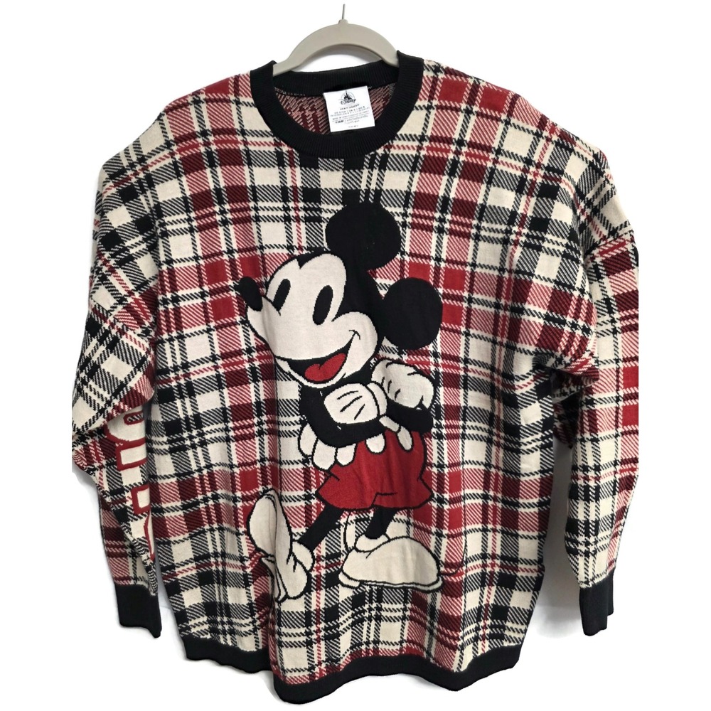 Disney Spirit Jersey Mickey Mouse Plaid Knit Sweater Red White Black Small